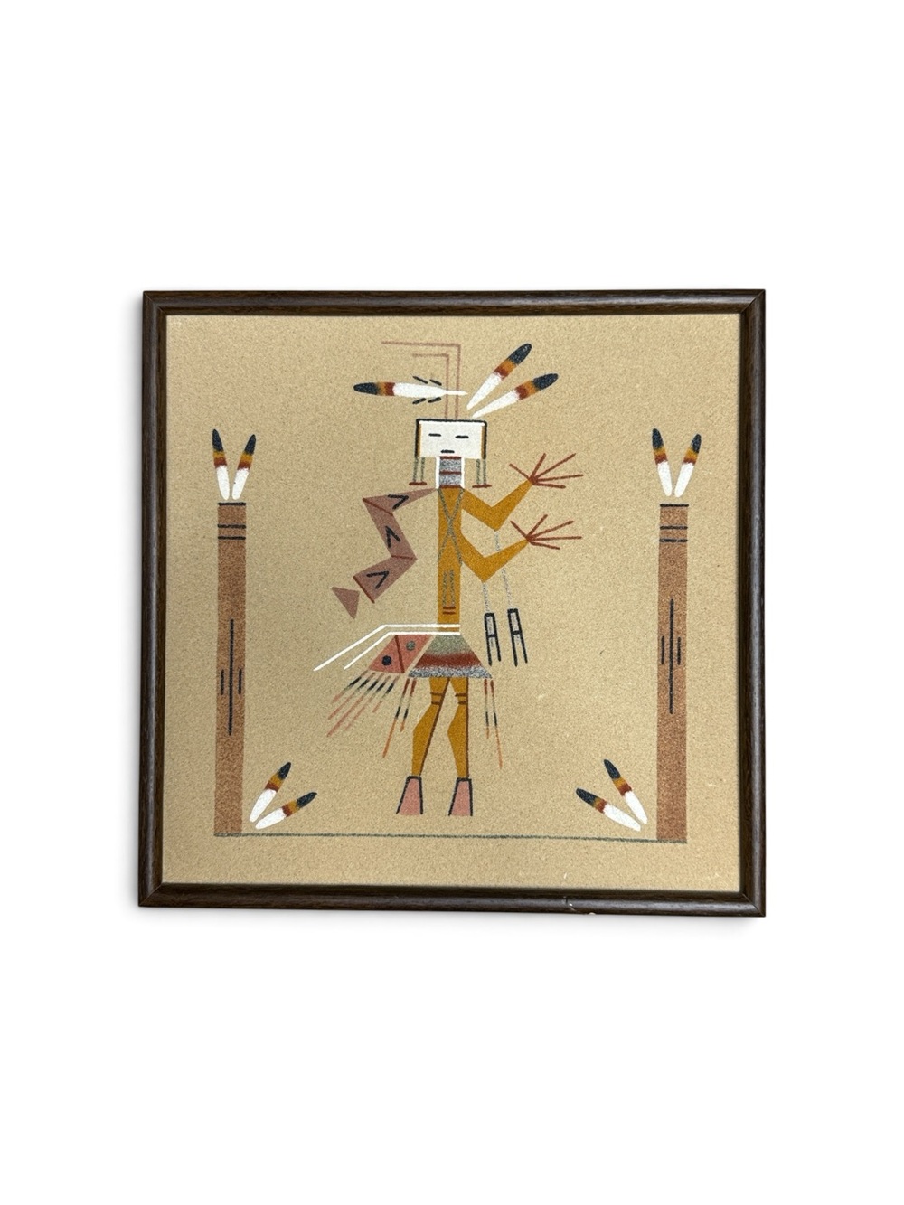 VINTAGE 70s LESTER JOHNSON NAVAJO SAND ART “COYOTE PEOPLE” SIGNED FRAMED 12.5”SQ